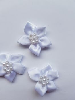 White Satin Flower with Bead Centre (Pack of 4)