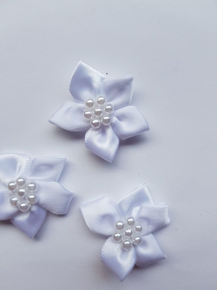 White Satin Flower with Bead Centre (each)