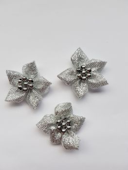 Silver Lurex Flower with Bead Centre (Pack of 4)