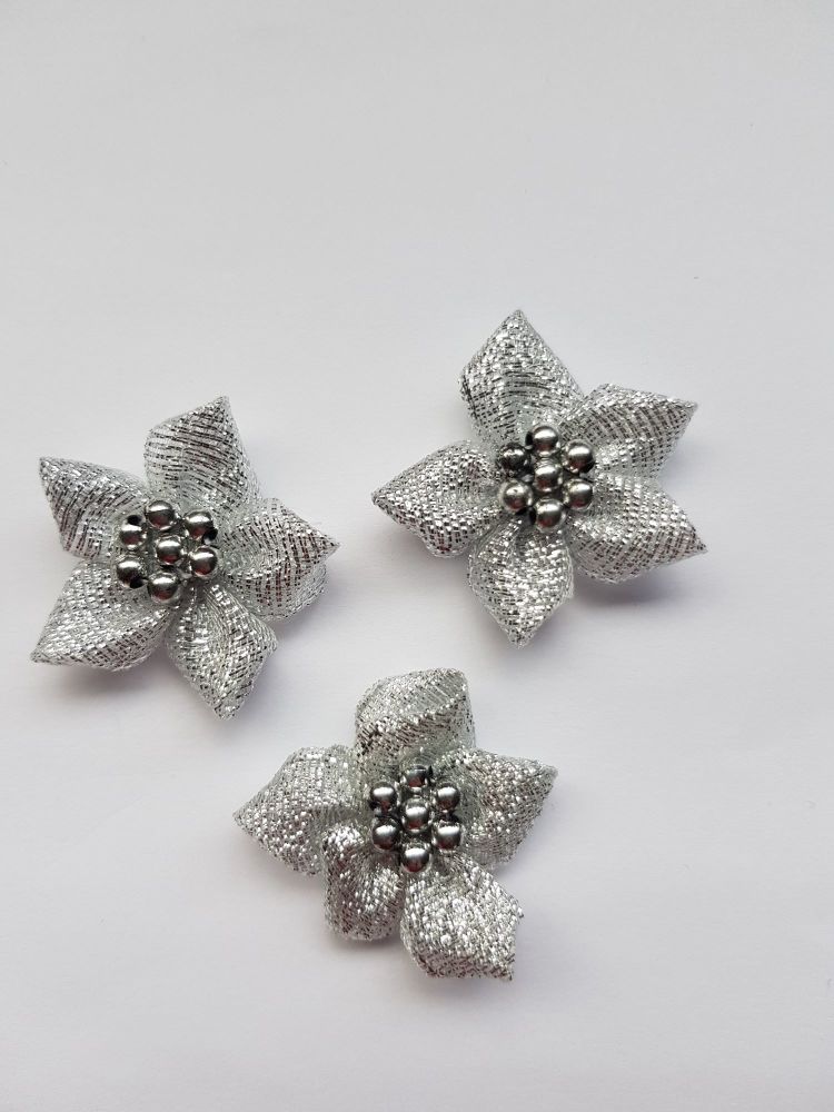 Silver Satin Flower with Bead Centre (each)