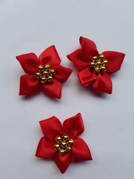 Red with Gold Satin Flower with Bead Centre (Pack of 4)