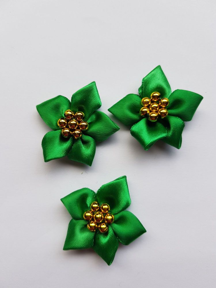 Green with Gold Satin Flower with Bead Centre (each)