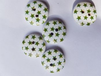 White with Green Stars Wooden Buttons 15mm (Pack of 12)