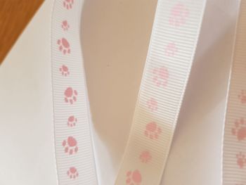 White with Pink Paw Grosgrain Ribbon 18mm (2 metre pack
