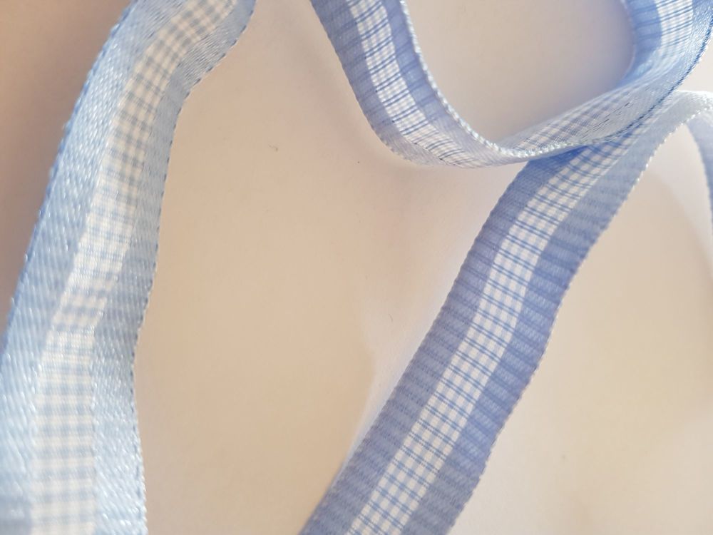 Blue with White Check Ribbon 16mm (per metre)