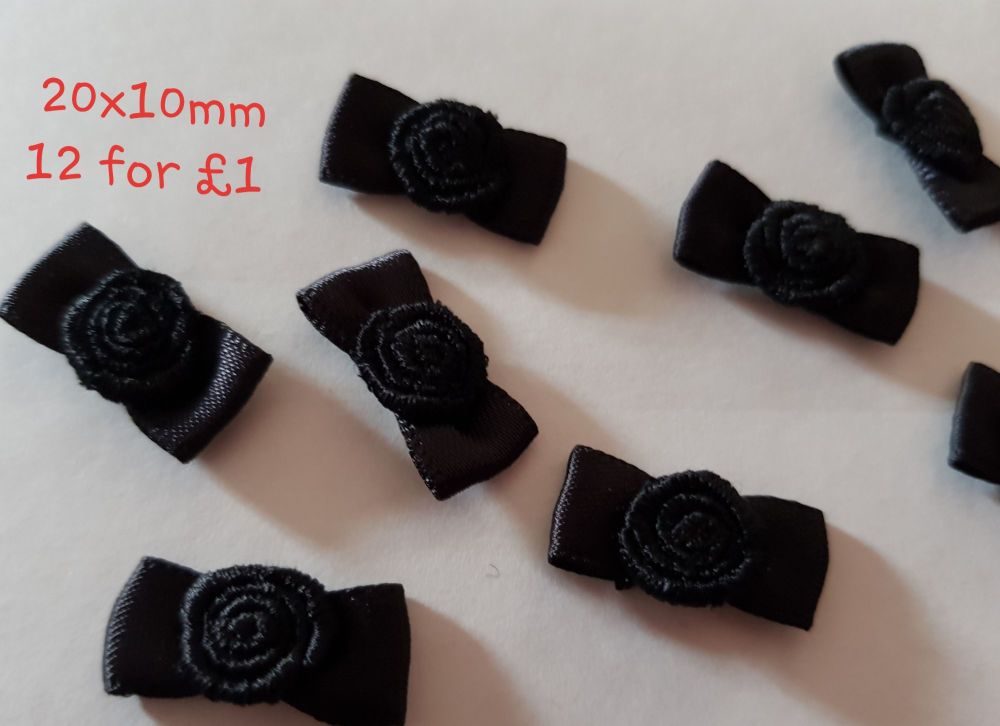 Black, Rose Centre Bows 20x10mm (Pack of 12)