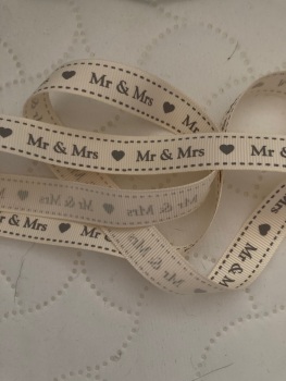 Wedding - Mr & Mrs Grosgrain Ribbon 16mm (1.5 metre pack ) Cream with Silver