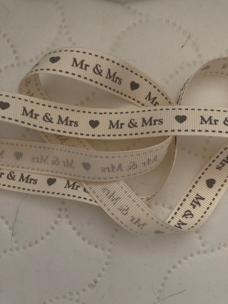 Mr & Mrs Grosgrain Ribbon 16mm (per metre) Cream with Silver