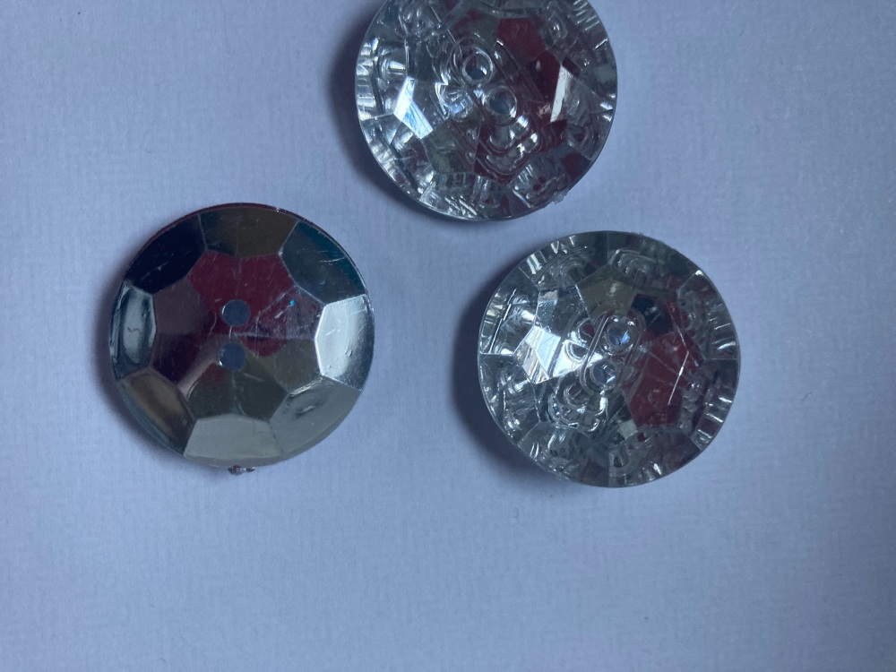 Clear / Silver Back Round Glittery Button 25mm (Pack of  3)
