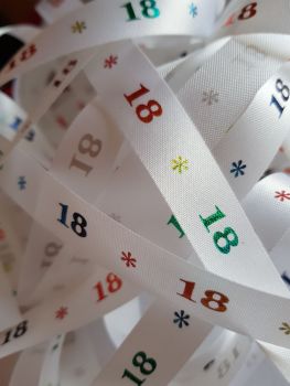 Birthday -  18 *   White with Rainbow Satin  15mm (3 metre Pack)  Was £1
