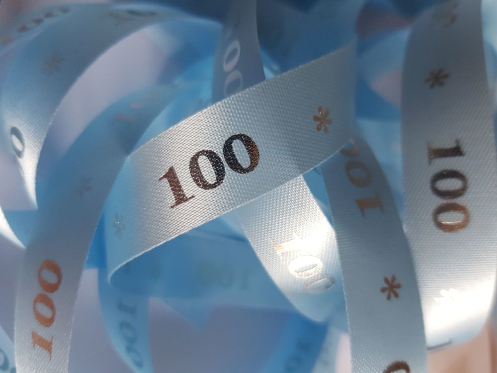 Birthday -  100 *   Blue with Silver Satin  15mm (3 metre Pack)