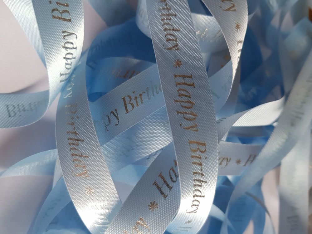 Birthday -  Happy birthday  Blue with Silver Satin  15mm (3 metre Pack)