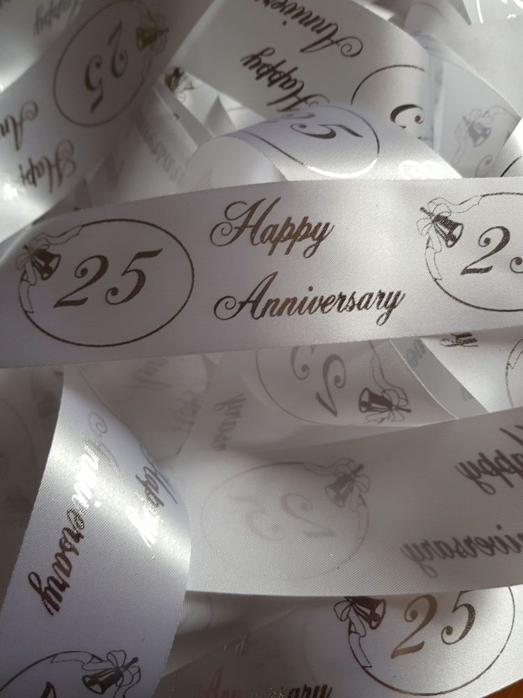 Anniversary -  25 White with Silver Satin 38mm (2 metre Pack)