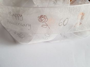 Anniversary -  60 White with Silver /Gold Organza 38mm (2 metre Pack) Was £1