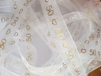 Anniversary -  50 White with Gold Organza 15mm (3 metre Pack) Was £1