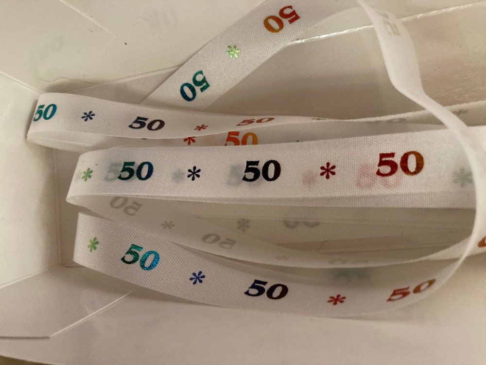 Birthday -  50 *   White with Rainbow Satin  15mm (3 metre Pack)