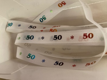 Birthday -  50 *   White with Rainbow Satin  15mm (3 metre Pack) Was £1