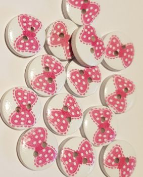 Pink / White Dot Bow Wooden Buttons 15mm (Pack of 8) BW01