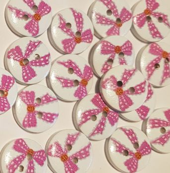 Pink / White Dot Bow Wooden Buttons 15mm (Pack of 8) BW02
