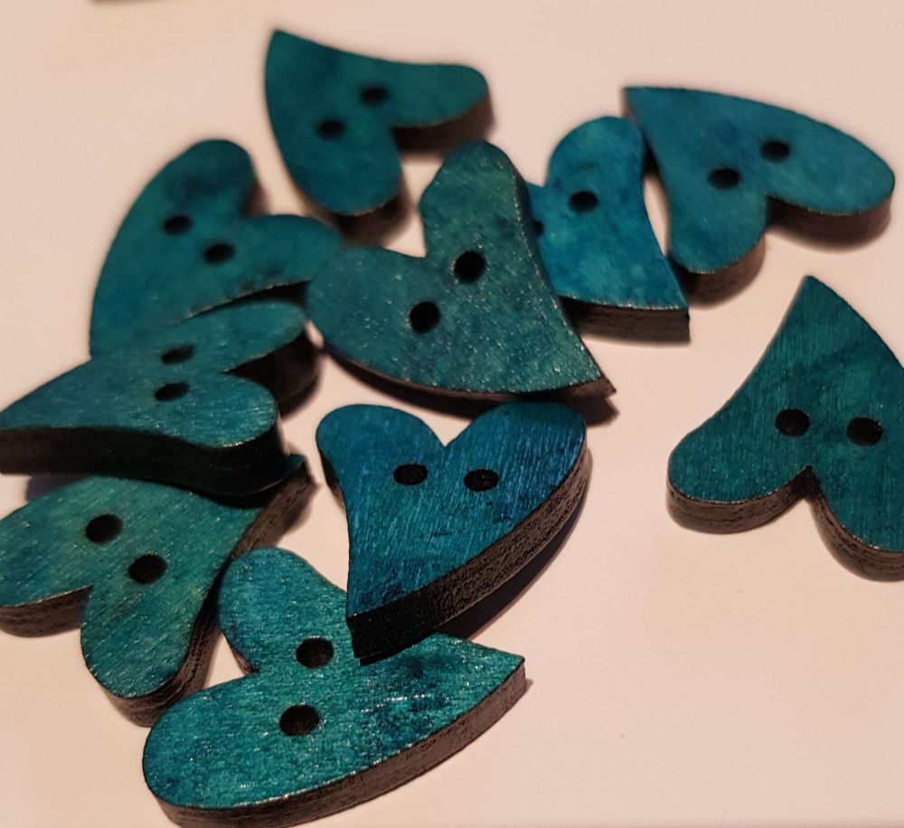 Blue / Teal Heart  Wooden Buttons 17x21mm (Pack of 10)