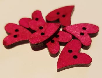 Cerise Pink Heart  Wooden Buttons 17x21mm (Pack of 10)