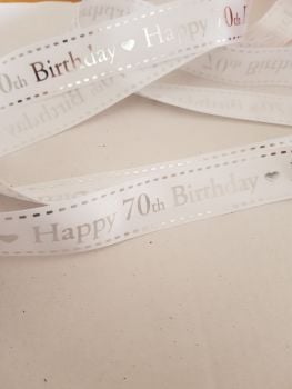 Birthday -  70*   White with Silver Satin  25mm (1.5 metre Pack)