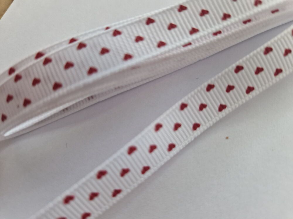 White with red heart Grosgrain Ribbon 10mm (2 metre pack)