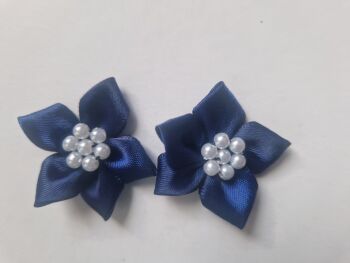 Navy Satin Flower with Bead Centre (Pack of 4)