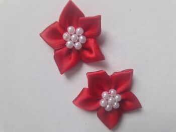 Red Satin Flower with Bead Centre (Pack of 4)
