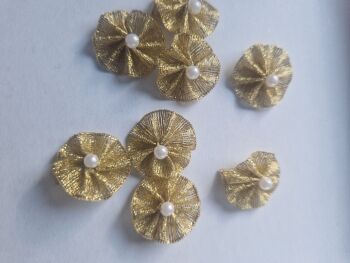 Gold Round Ribbon Embellishments- Bead Centre - Pack of 8