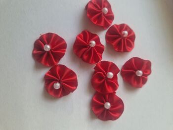 Red Round Ribbon Embellishments- Bead Centre - Pack of 8