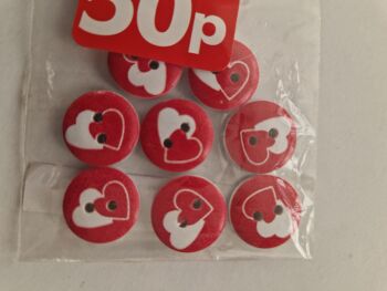 Red with Hearts Wooden Buttons (Pack of 8)