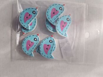 Turquoise Wooden Bird Buttons  - Pack of 8