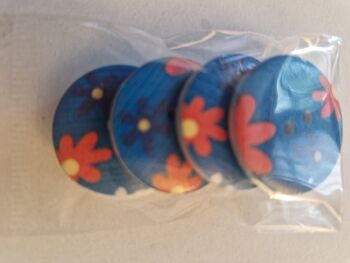 Blue / Flowers Wooden Buttons 26mm (Pack of 4)