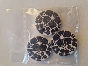 Black / White Flower Wooden Buttons 30mm (Pack of 3)