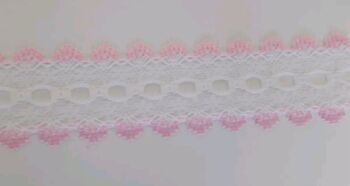 Eyelet Lace -  White with Pink- per metre