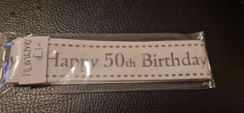 Birthday -  50th   White with Silver Satin  25mm (1.5 metre Pack)