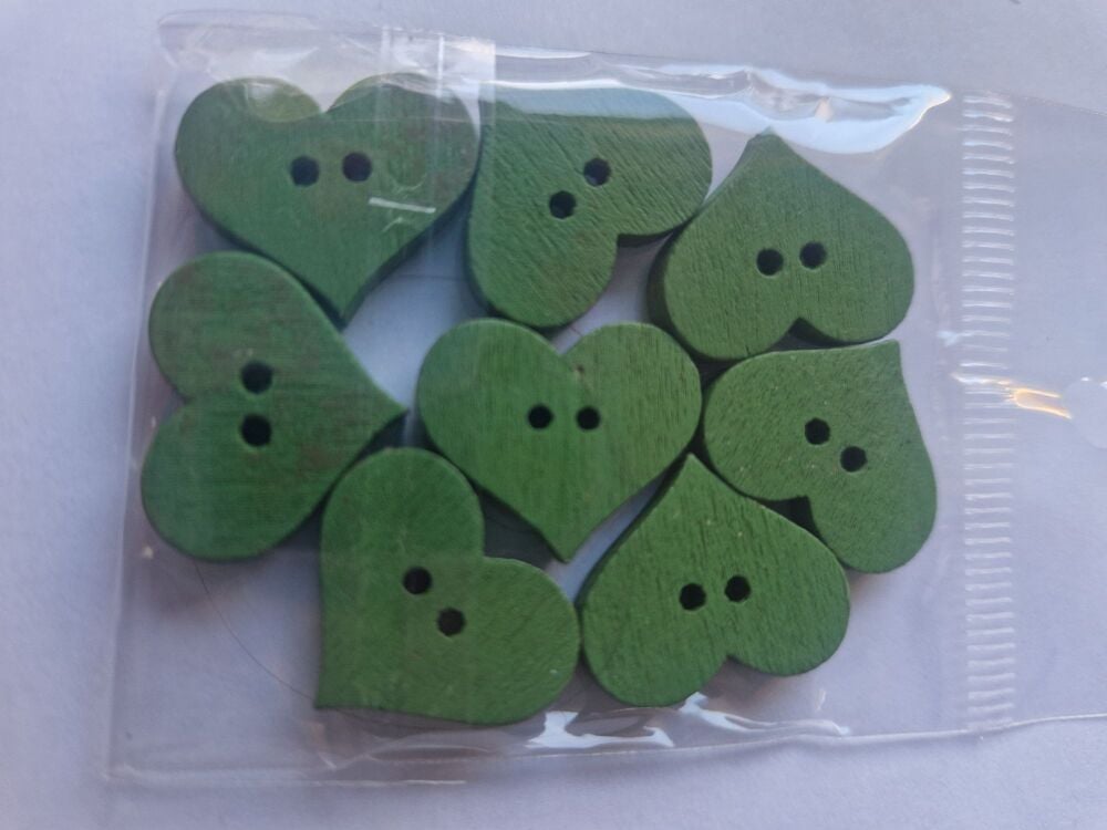 Green Heart  Wooden Buttons 18x21mm (Pack of 8)