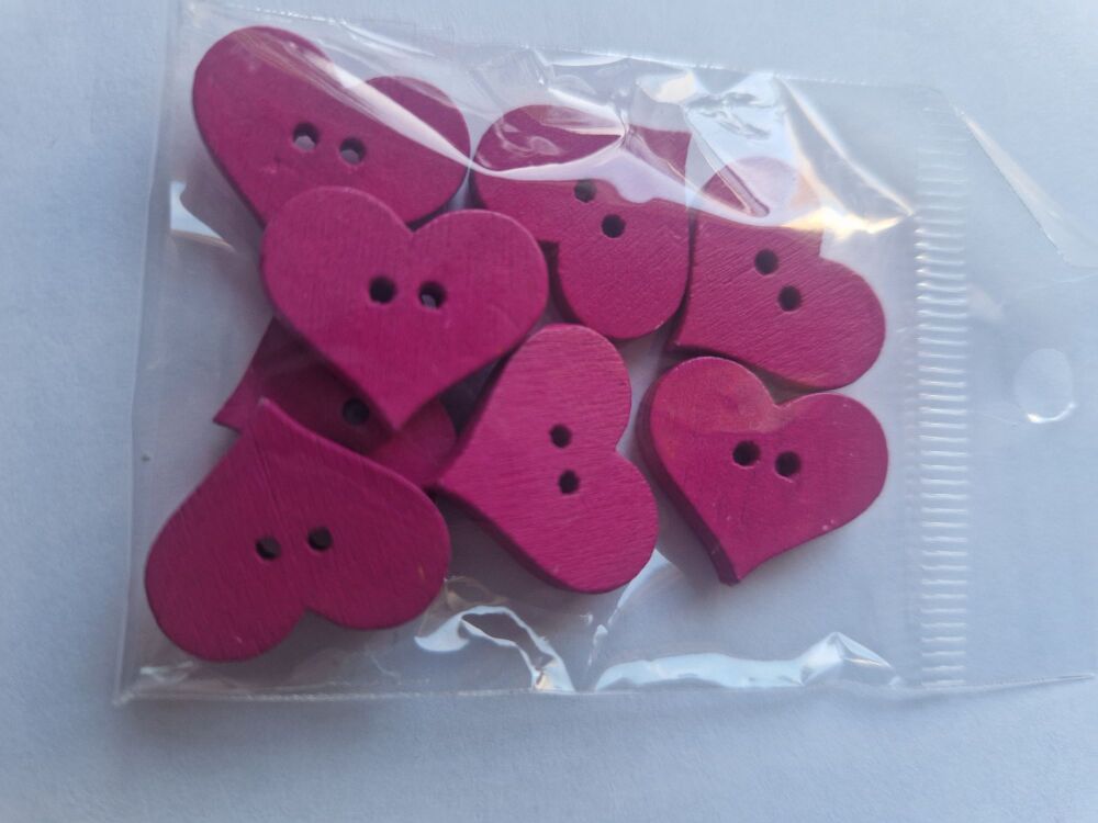 Cerise Pink Heart  Wooden Buttons 18x21mm (Pack of 8)