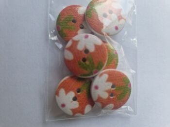 Orange / Flower Wooden Buttons 19mm (Pack of 6)