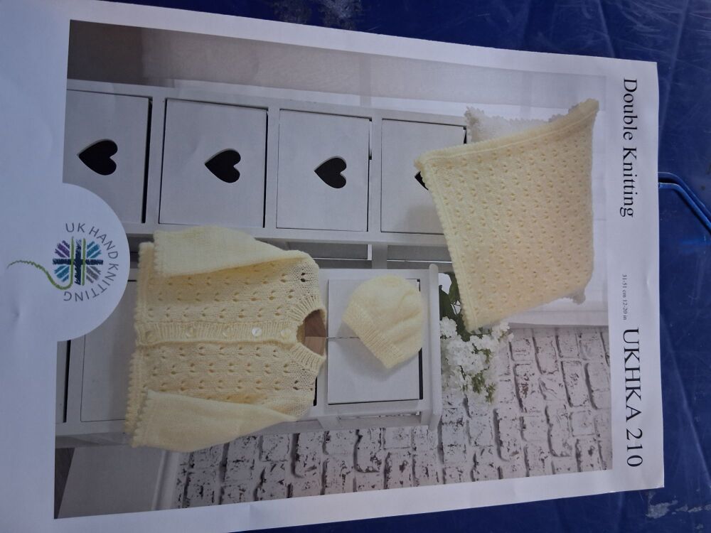 UKHKA Knitting Pattern (210)- Cardigan/Hat/Blanket 12-20