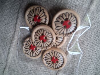 Flower Design Wooden Buttons - Red 18mm (Pack of 6)
