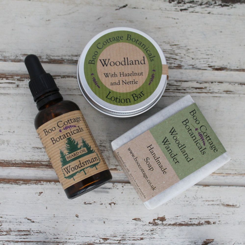 Woodsman Gift Box with woodland inspired soaps, body balm and beard oil.