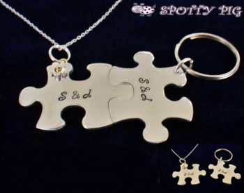 Puzzle Pieces Initials Necklace & Keyring Couples Set