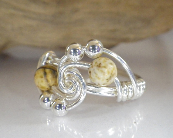 Sterling Silver Pictures Jasper Twist Ring, Handmade Wire Jewellery with Gemstones, choose your size