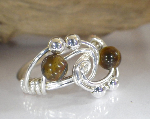 Sterling Silver Tigers Eye Twist Ring, Handmade Wire Jewellery with Gemstones, choose your size