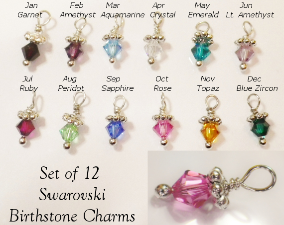 Swarovski Elements Birthstone Charms Set of 12 Months of Crystals, Handmade, 4mm Bicone Dangles