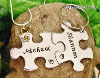 Puzzle Pieces Names Necklace & Keyring Couples Set