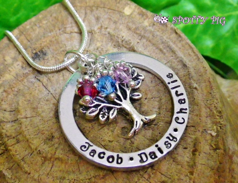 Personalised tree of life necklace with birthstone crystals, hand stamped with names, 1,2 or 3 rings