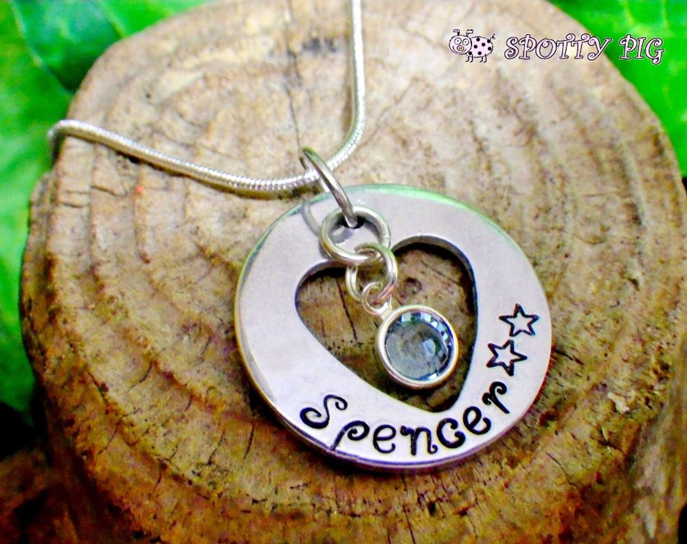 Personalised Necklace, Heart Disc, Hand Stamped with Name & Birthstone